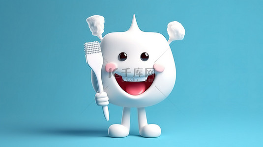 欢快的牙齿吉祥物微笑着拥抱牙科工具 3d 渲染