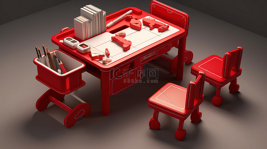 单色红色等距幼儿园家具3D渲染儿童绘画桌