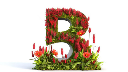 字体背景图片_孤立的红花绿草的六号 3D 渲染