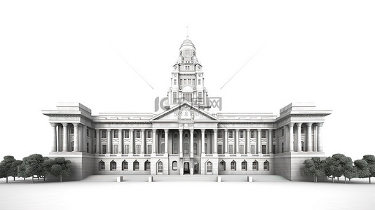白色背景下具有引人注目的市政厅建筑的公共政府大楼的 3D 渲染