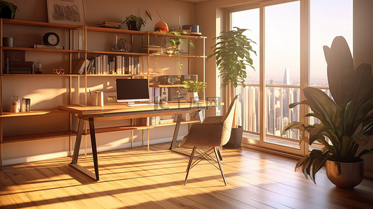 室内环境中现代办公桌的 3D 插图