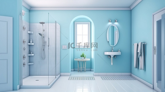 柔和的蓝色浴室设计，带有独立的淋浴和干燥区 3D 渲染