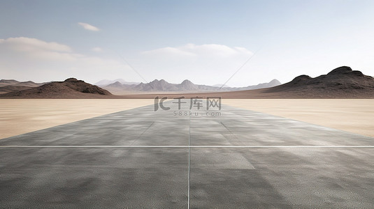 荒凉的停车场灰色沥青地面与贫瘠的沙漠背景 3d 渲染