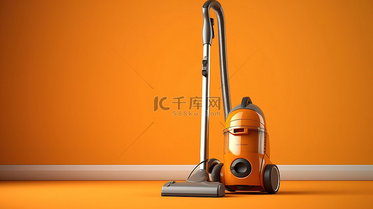 酒店清洁背景图片_3D 渲染的单色吸尘器在充满活力的橙色背景下