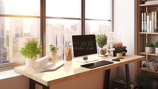 现代舒适的家庭办公室的 3D 渲染，窗边有一张电脑桌