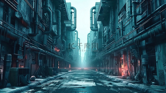 夜景城市科技背景图片_废弃的赛博朋克城市景观与荒凉的街道未来派 3D 插图