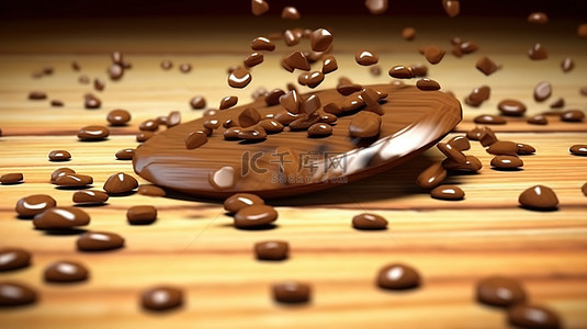 巧克力片在木托盘上滑动和层叠的 3D 插图