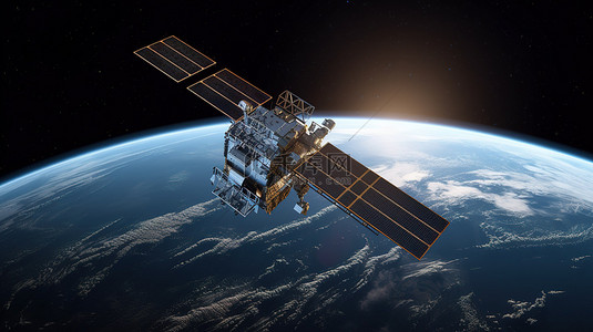 联系世界背景图片_带太阳能电池板的太空卫星的逼真 3D 渲染