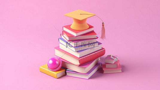 学术背景图片_现代等距设计中粉红色背景的革命性教育 3D 书籍和帽子