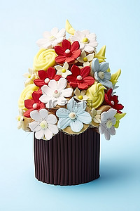 纸杯蛋糕上有巧克力糖霜和鲜花