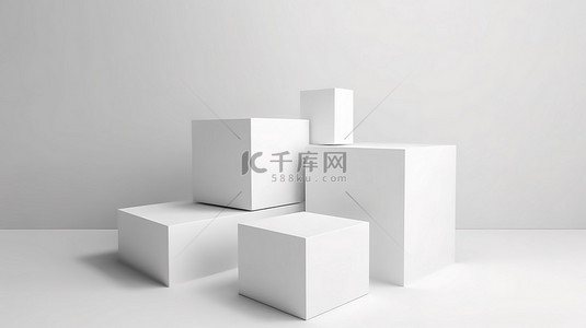 简约的 3D 讲台，带有三个白色立方体，用于产品展示