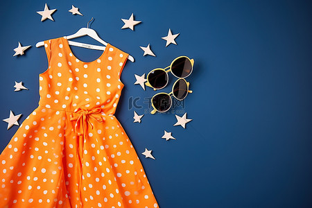 玩具交通工具背景图片_橙色背景中的裙子和太阳镜，上面有星星飞行玩具和纸飞机