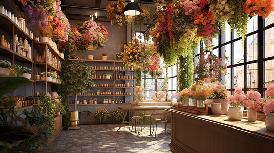 花店背景图片_迷人的咖啡店或花店的 3D 渲染