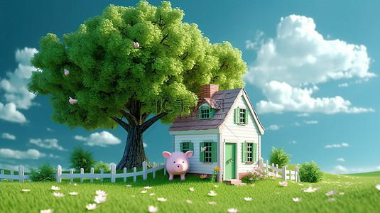 迷人的猪在绿色乡村田野里，旁边是一栋古色古香的房子，在树下 3d 渲染