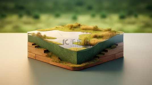 河流两侧的草地 地球横截面讲台的 3D 渲染显示