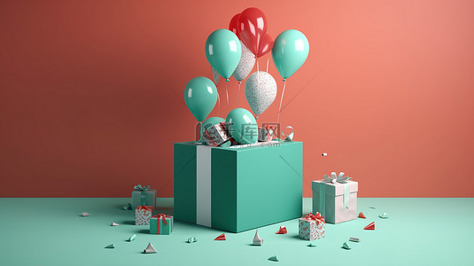 庆祝 3d 概念爆炸性礼盒展示了充满活力的绿色背景上带有气球和五彩纸屑的 5 号生日派对