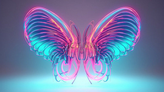 翅膀白色背景图片_以抽象形式在浅色背景上霓虹粉红色和蓝色几何翅膀的未来派 3D 渲染