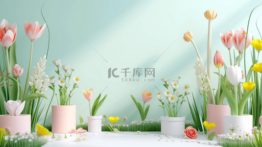 阳光背景图片_简约绿色墙面有花瓶花朵的背景图1