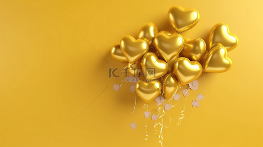 金色心形气球在黄色混凝土背景上带来新年，带有 3D 渲染的水平横幅