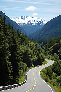 高速公路背景图片_一条高速公路蜿蜒穿过山林，背景是雪山
