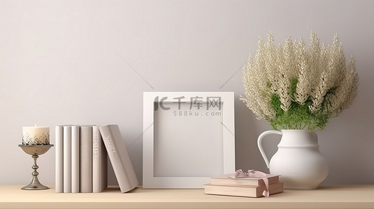 桌子上的书和空白白色相框逼真的 3D 渲染