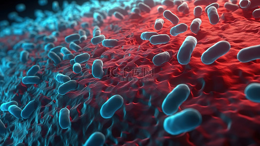 红色表面上具有细菌蓝色微生物的微生物区系的 3D 渲染