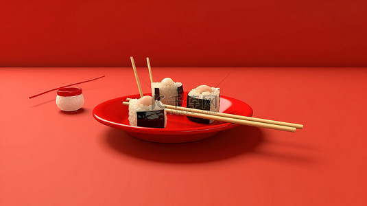 中国菜背景图片_红色背景上的寿司和筷子时尚的 3D 渲染，具有简约风格