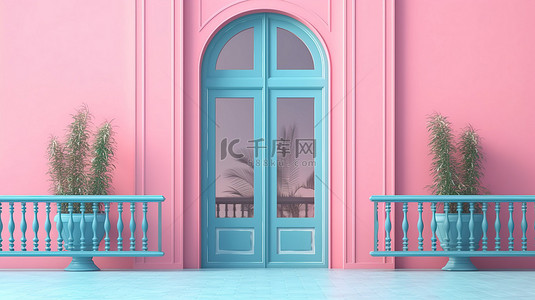 充满活力的双色调阳台门窗，采用蓝色金属塑料 PVC 制成，以 3D 渲染并放置在粉红色背景上