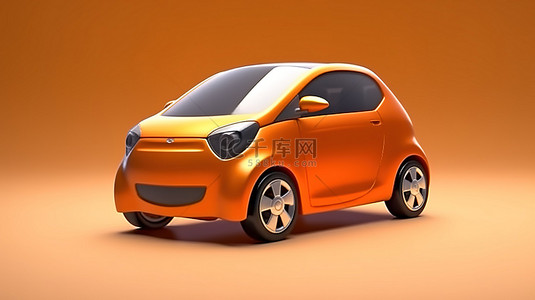 橙色可爱小型电动掀背车的 3D 插图