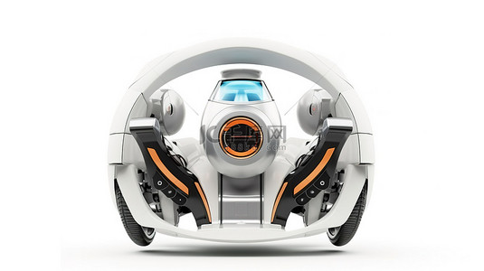 汽车设计背景图片_自动驾驶汽车设计概念中机器人握持方向盘的白色背景 3D 渲染