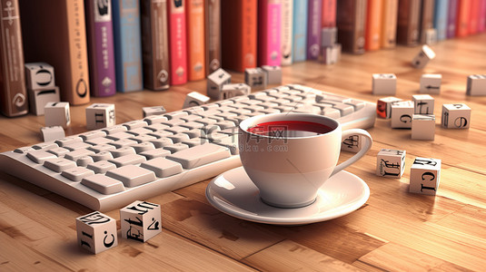 虚拟图书馆概念 3D 书电脑键盘和杯子图标