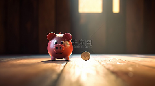 储蓄不断增加，存钱罐中的 3D 渲染硬币象征着木质背景下的商业和金融增长