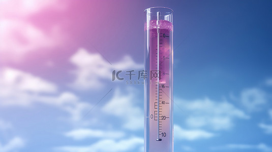 蓝色背景上双色调粉色抽象天气玻璃温度计的 3D 渲染