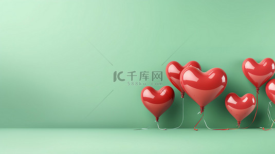 心形背景图片_充满活力的红色心形气球，在郁郁葱葱的绿色背景水平横幅设计与 3D 渲染上举办欢乐的生日庆祝活动