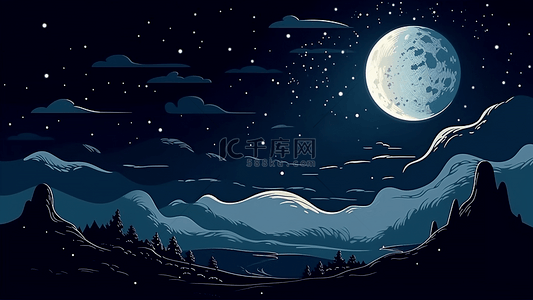 星空满月插画背景