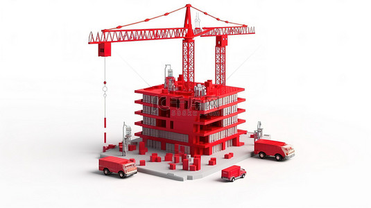 带有塔式起重机的红色立方体建筑说明了经营战略的概念