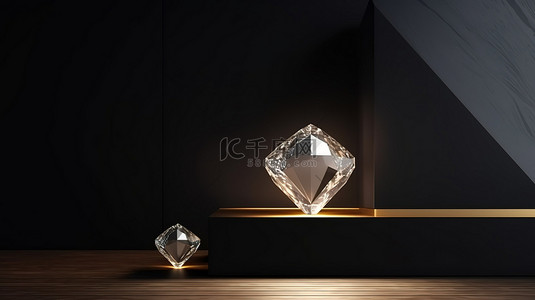 高端精致背景图片_华丽的展示架上的精致钻石在 3D 渲染中靠黑墙模型