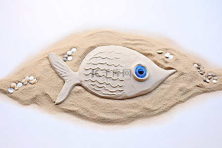 这是一条用沙子做的鱼，有白色和蓝色的眼睛