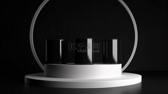 黑色背景图片_在精致的黑色背景上以 3D 渲染的产品展台