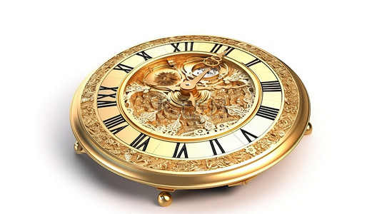 老式计时器是白色隔离背景上古董金色圆形时钟的 3D 插图，带有秒表图标标志和计时器