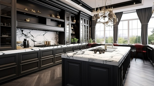 经典厨房设计的现代风格，黑色橱柜和白色大理石装饰以 3D 渲染呈现