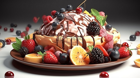 勺子插图背景图片_诱人的水果和浆果冰淇淋甜点的 3d 插图