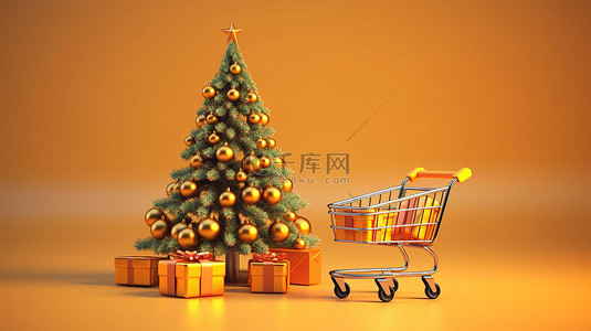 商业节日背景背景图片_商业图表背景上节日圣诞树和购物车的 3D 渲染
