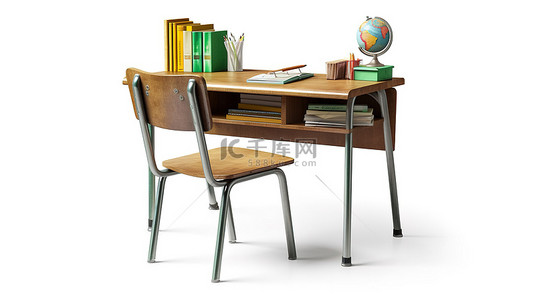 学校绿色背景图片_孤立的课桌椅的 3D 渲染，带有绿色板和白色背景的书籍