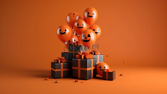 促销季节背景图片_幽灵般的季节购物横幅，配有南瓜气球和礼品盒 3D 插图，有充足的复制空间