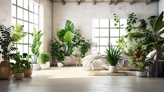 装饰着郁郁葱葱的室内植物的当代客厅工作室的 3D 渲染