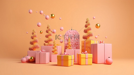 表情文字背景图片_圣诞庆典 3d 礼品盒，上面挂着俏皮的树挂，带有欢乐的表情符号，并在桃红色背景上留有文字空间