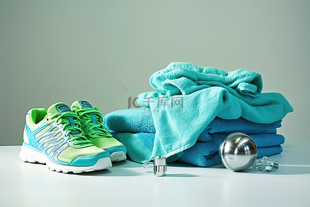 一名运动教练坐在一件物品旁边，其中包括毛巾和蓝色鞋子