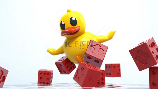 骰子背景图片_半空中迷人的黄鸭吉祥物的 3D 渲染，在白色背景下拿着红色游戏骰子立方体