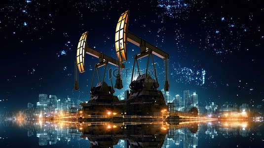 夜间油田开发剪影油泵和石油设备的 3D 渲染